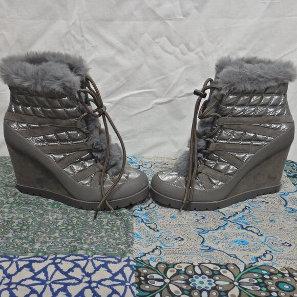 Jessica Simpson Silver Faux Fur Lace Up Wedge Booties - Picture 7 of 13